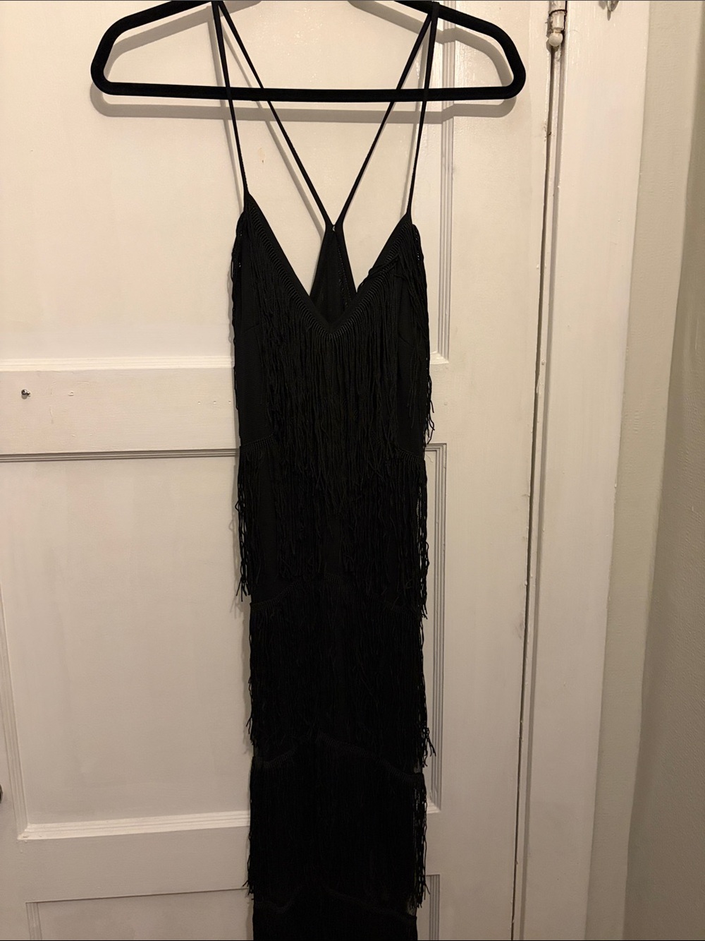 Black Fringe Slip Dress with Strappy Back